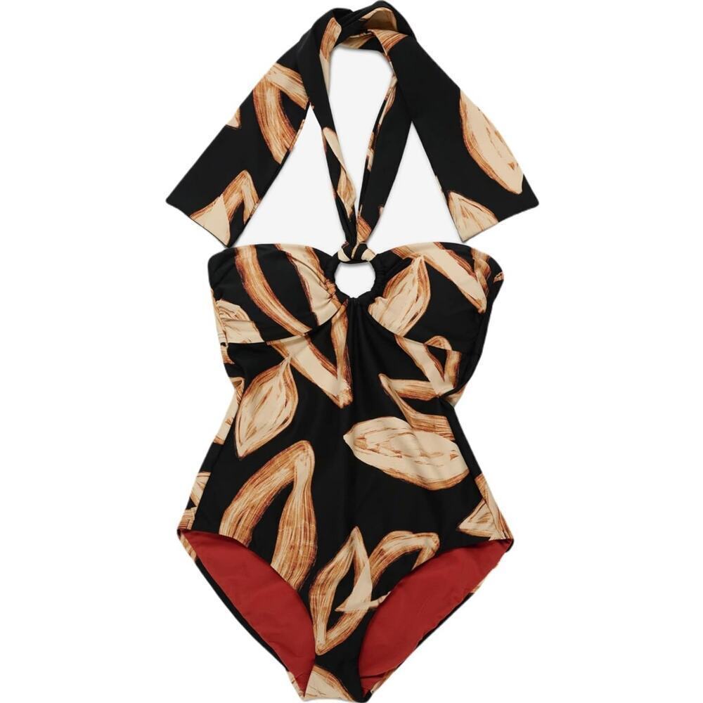 DKNY Halter Ring One Piece Swimsuit color Painted Leaf Large NWT - Picture 4 of 13
